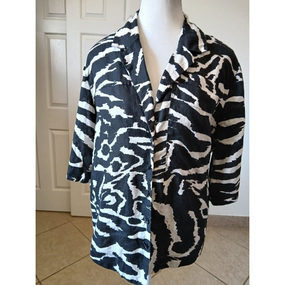 Copenhagen Muse Womens Blouse Linen Shirt S Black White Zebra Button Modern Boho